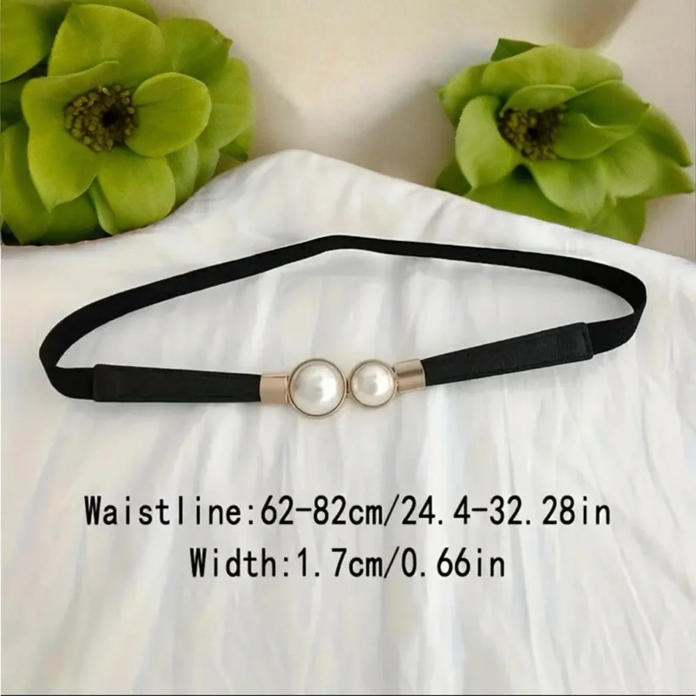 Thin Double Faux Pearl Buckle Solid Color‎ PU Leather Waist Thin Belt One Size